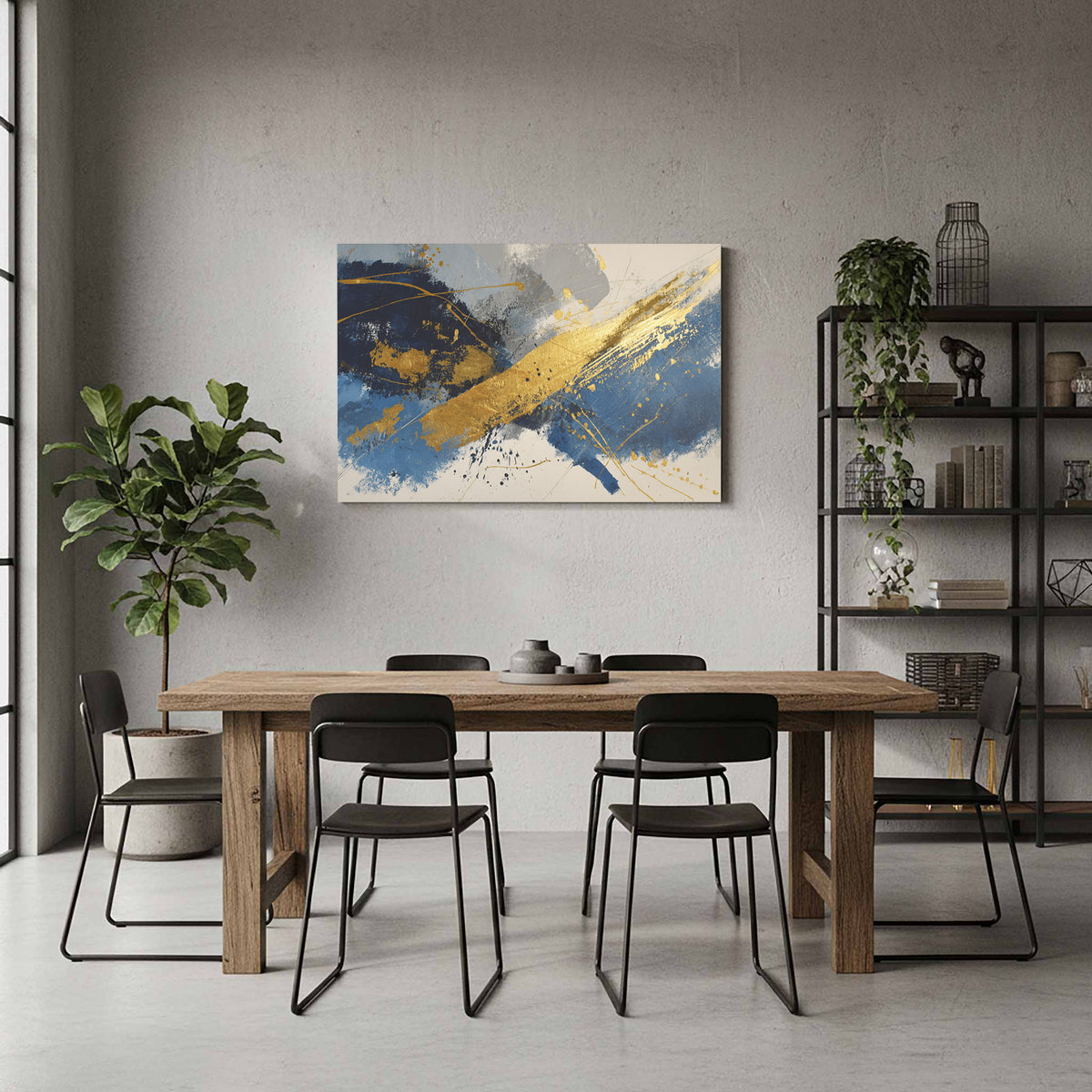 Abstract Gold Blue Canvas Wall Art – styled room view 7