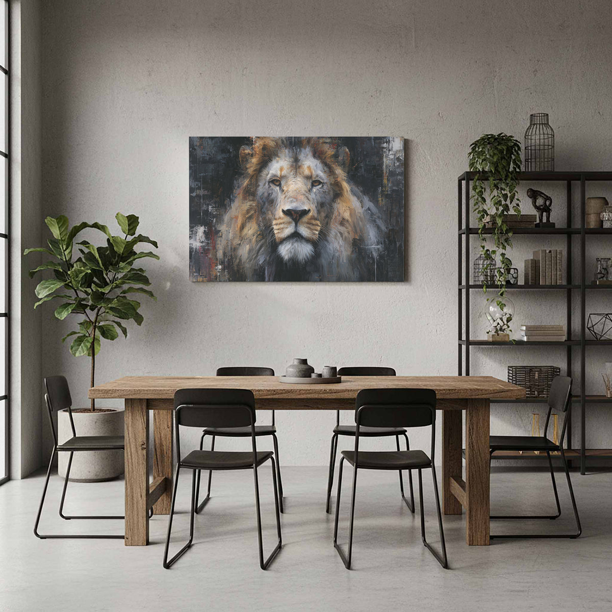 Modern Lion Portrait Canvas Wall Art – styled room view 6