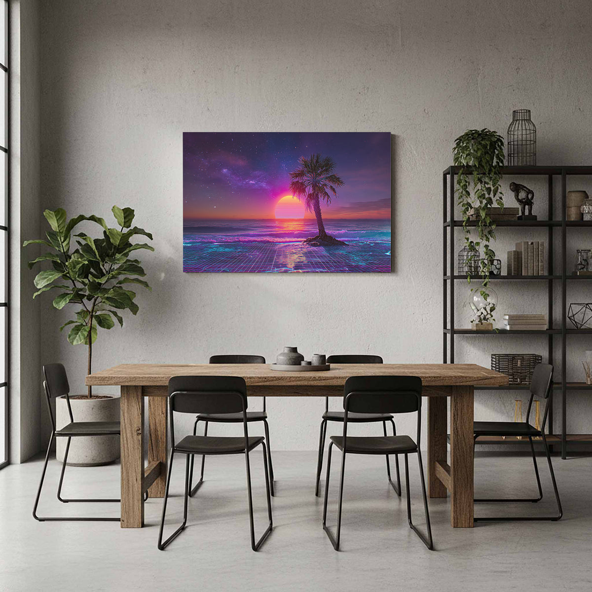 Synthwave Palm Beach Canvas Print – styled room view 6