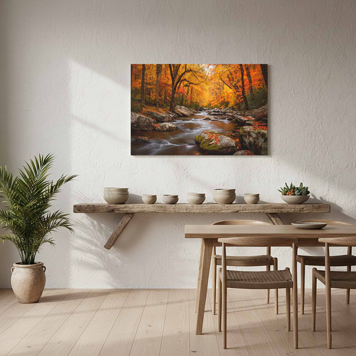 Autumn Forest Stream Canvas Wall Art – styled room view 7