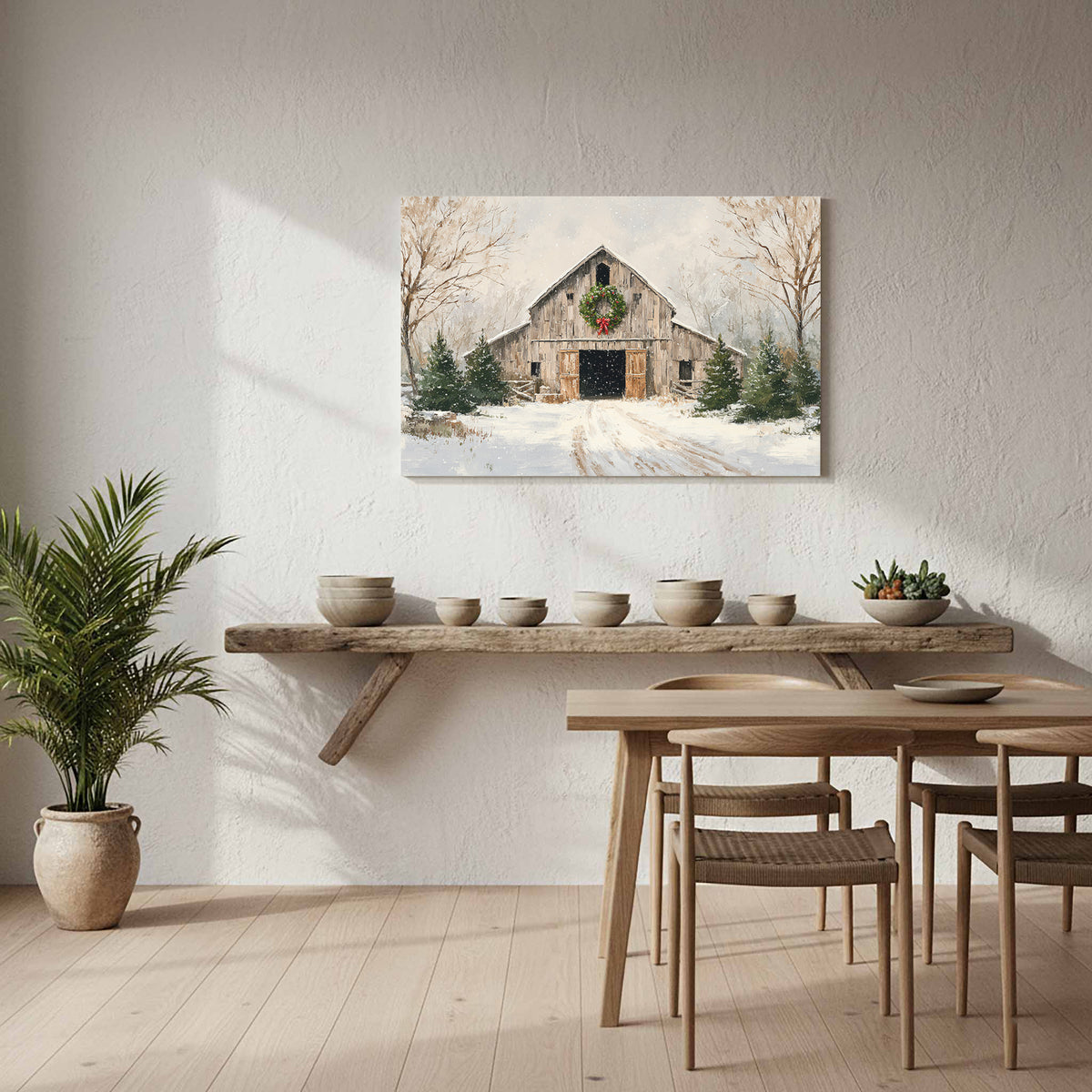 Christmas Barn Canvas Wall Art – styled room view 7
