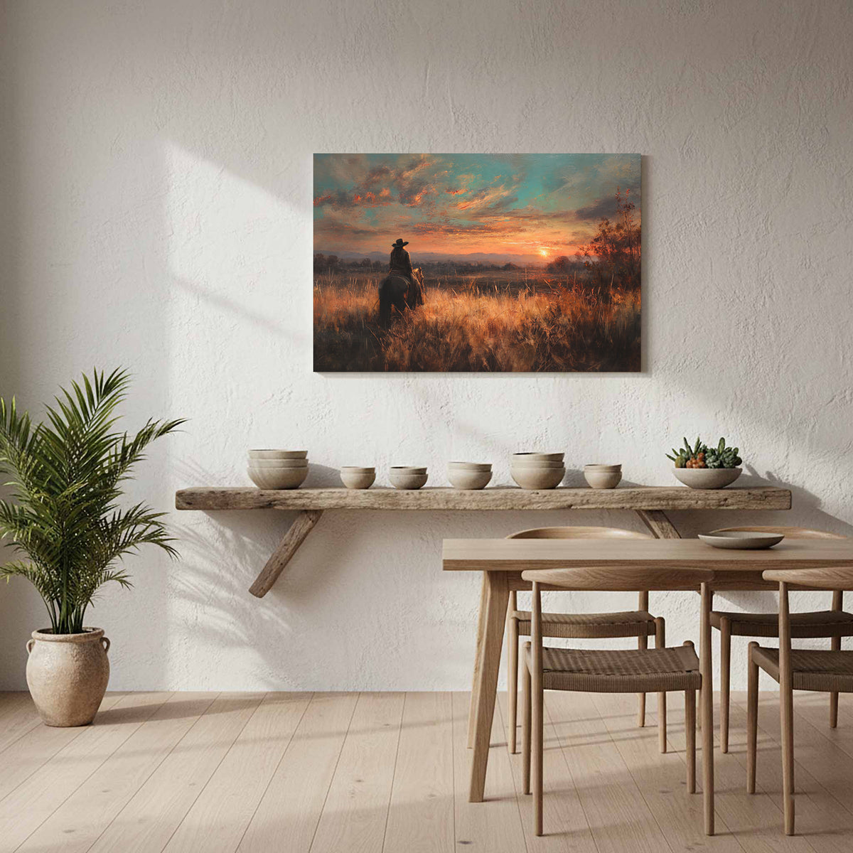 Western Cowboy Sunset Canvas Wall Art – styled room view 6