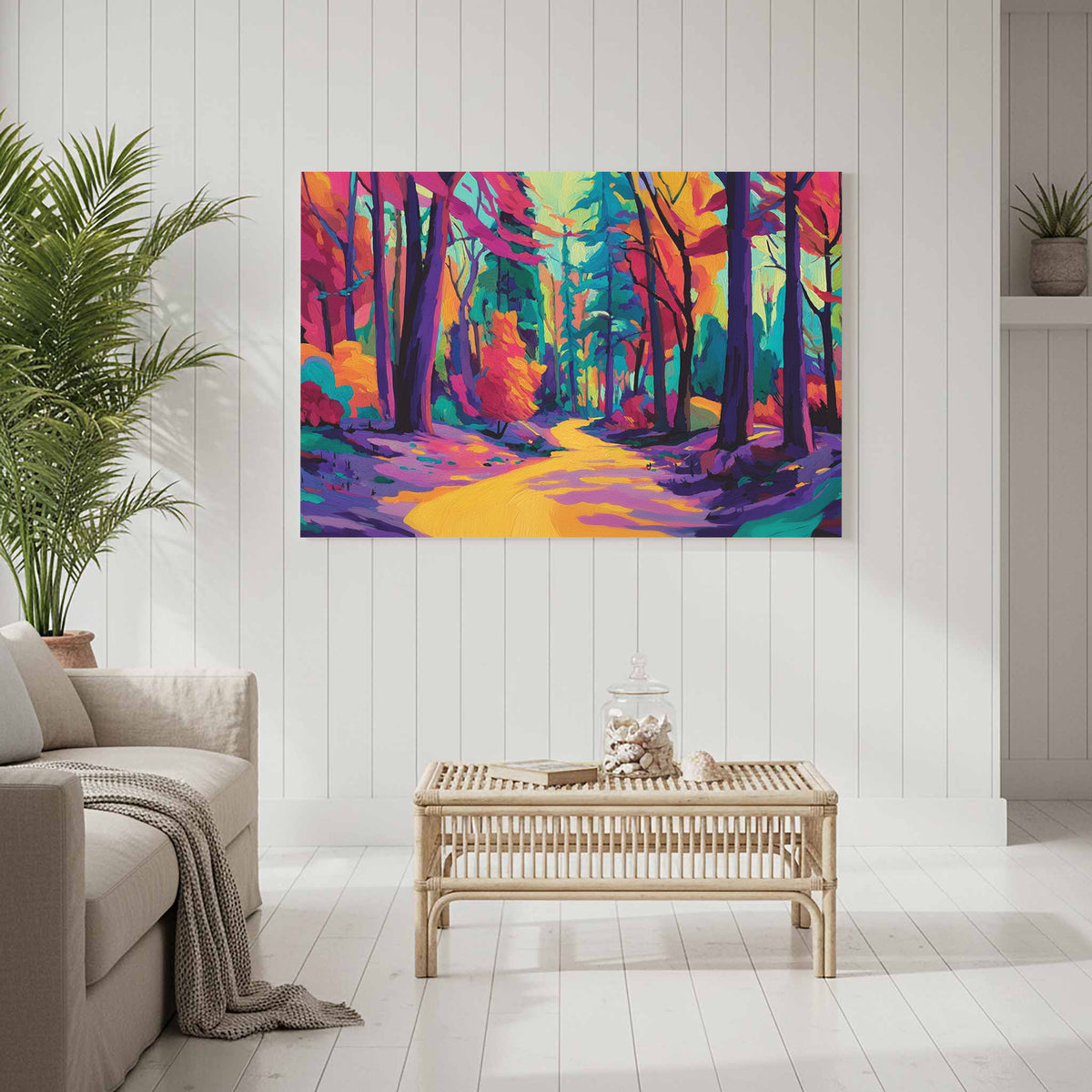 Colorful Forest Path Canvas Art – styled room view 7
