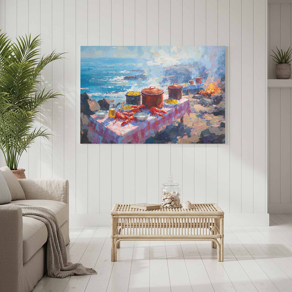 Coastal Lobster Feast Canvas Art – styled room view 6