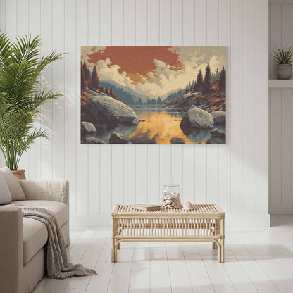 Mountain Lake Sunset Canvas Print – styled room view 7