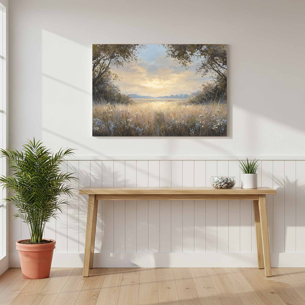 Sunlit Meadow Landscape Canvas Wall Art – styled room view 7