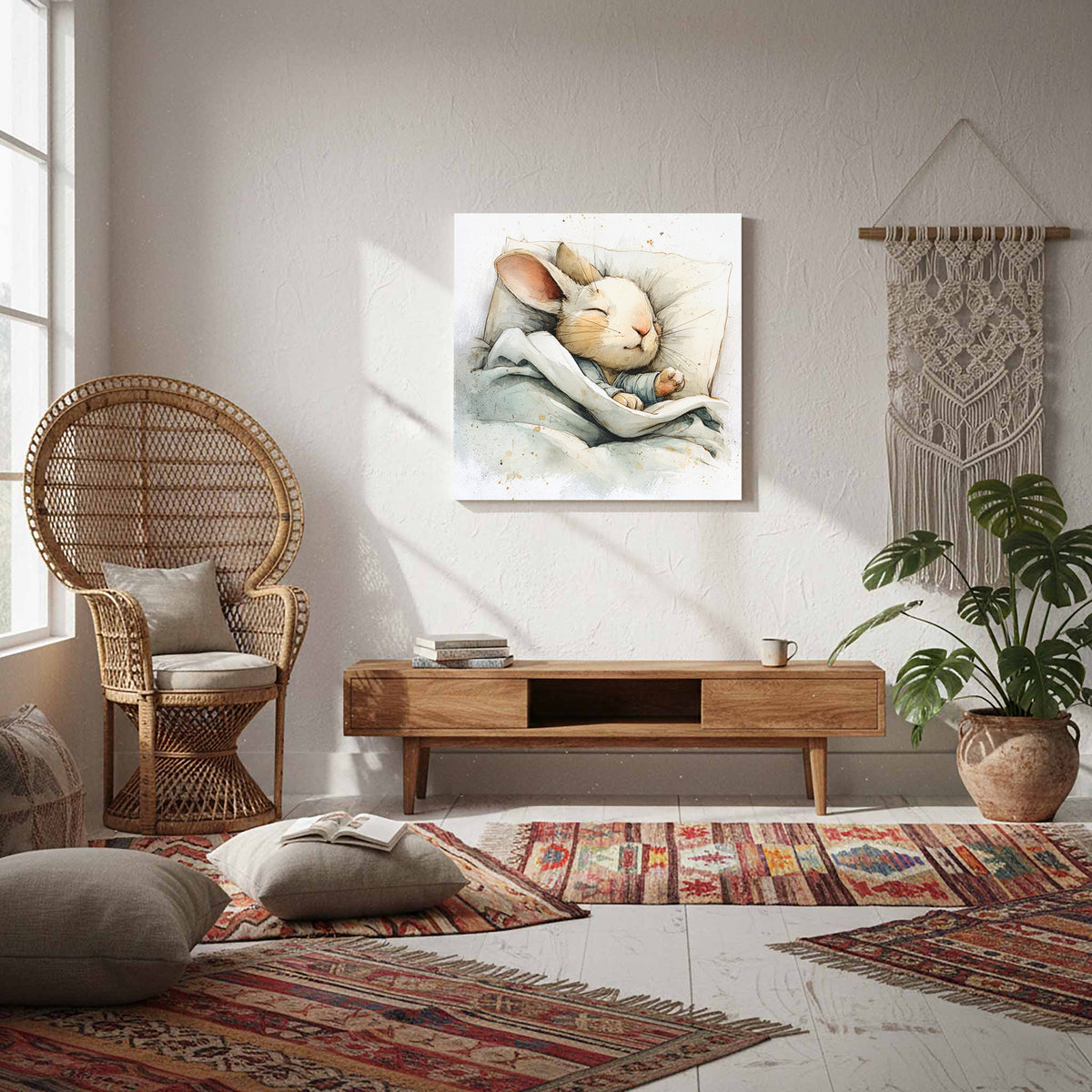 Sleeping Rabbit Canvas Print – styled room view 6