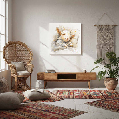 Sleeping Baby Goat Canvas Art – styled room view 6