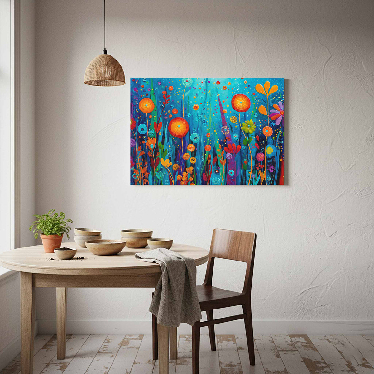 Colorful Abstract Garden Canvas Art – styled room view 7