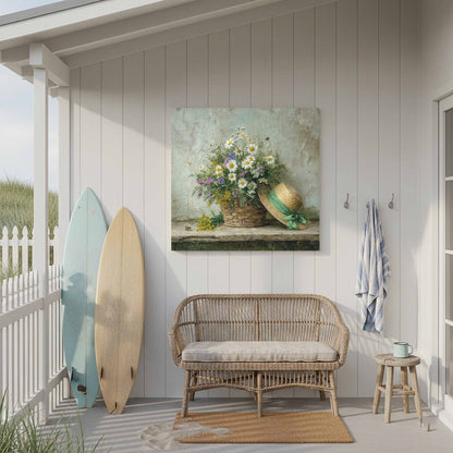 Rustic Wildflower Basket Canvas Art – styled room view 7
