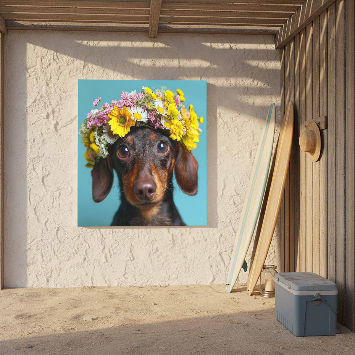 Dachshund Flower Crown Canvas Print – styled room view 7