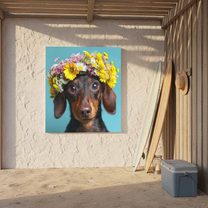 Dachshund Flower Crown Canvas Print – styled room view 7