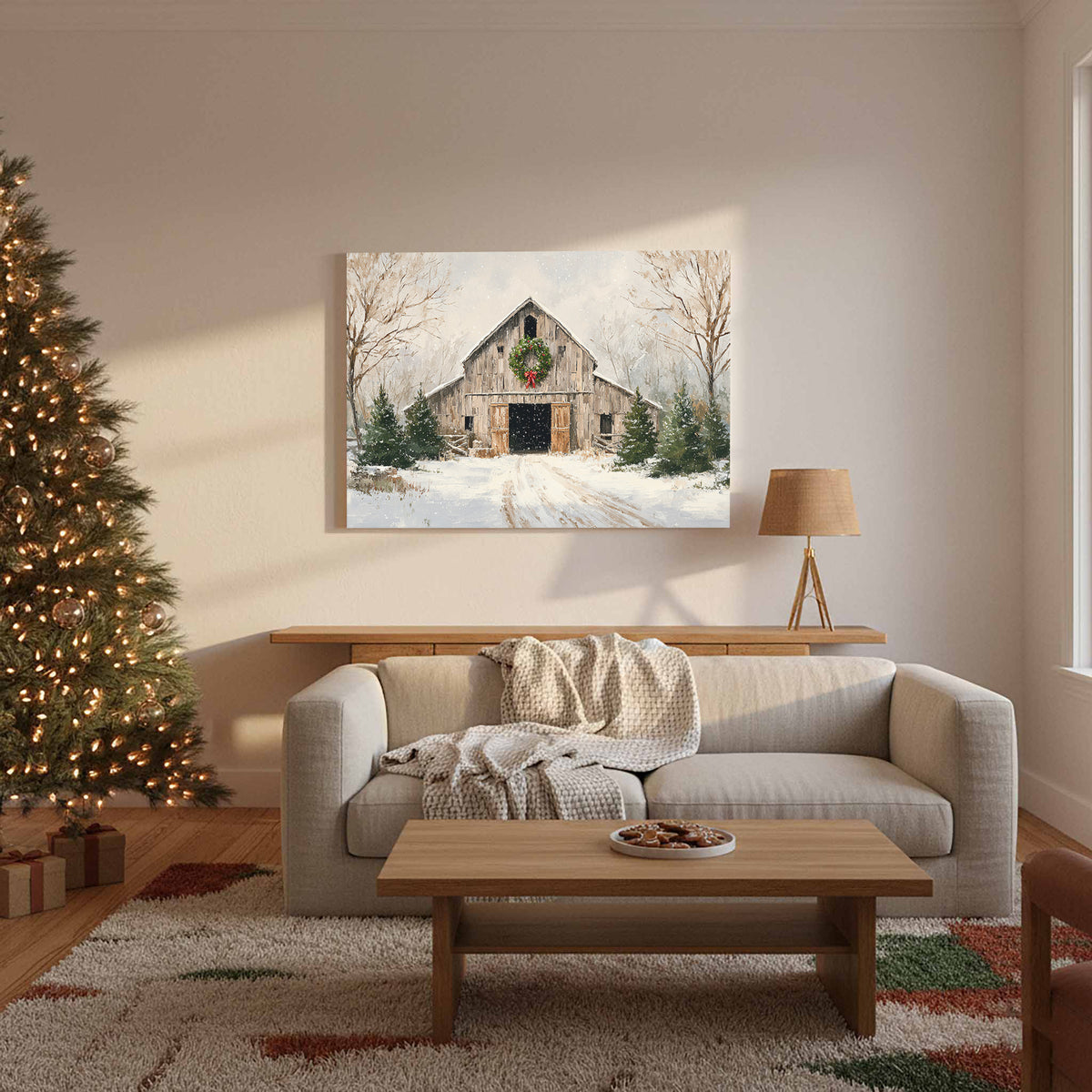 Christmas Barn Canvas Wall Art – styled room view 8