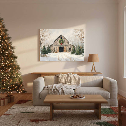 Christmas Barn Canvas Wall Art – styled room view 8