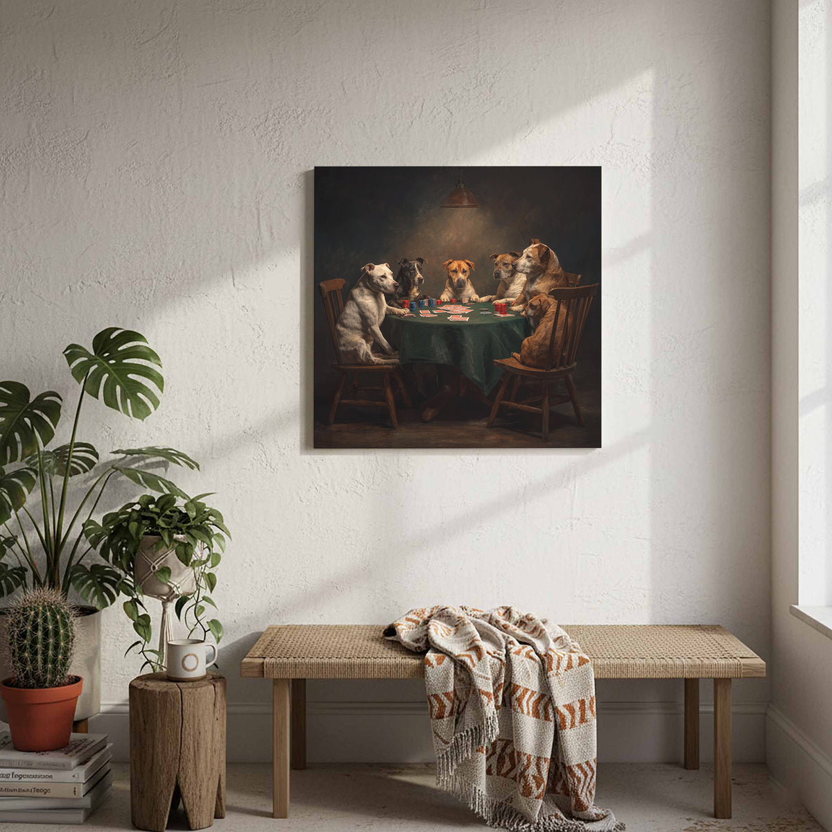 Dogs Playing Poker Canvas Wall Art – styled room view 8
