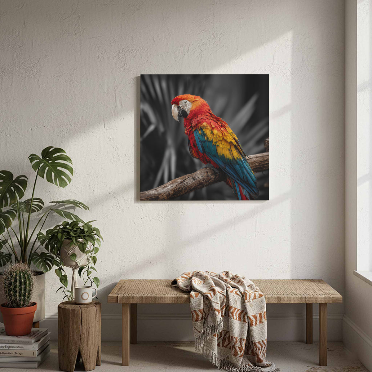 Scarlet Macaw Parrot Canvas Wall Art – styled room view 7