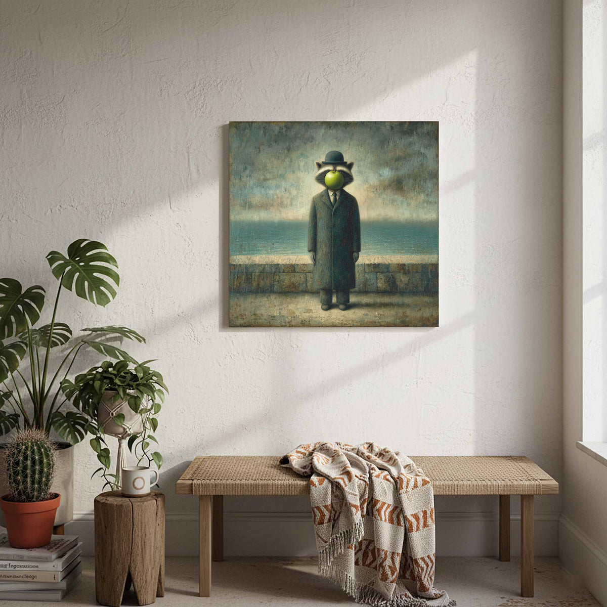 Surreal Raccoon Canvas Art – styled room view 7