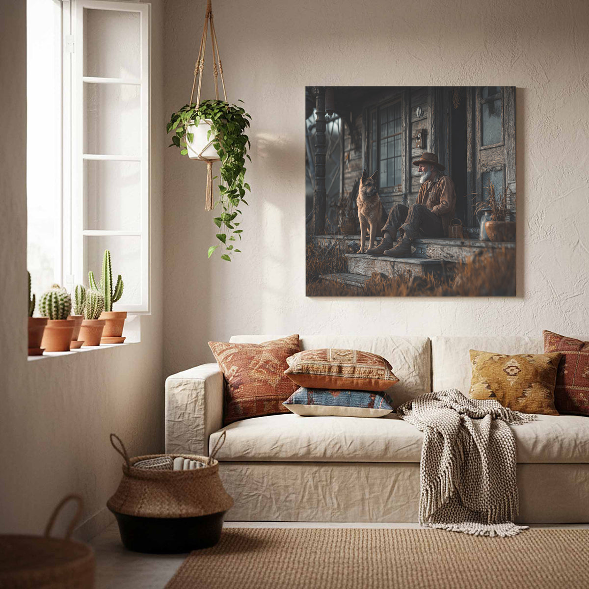 Old Man and Dog Porch Canvas Print – styled room view 8