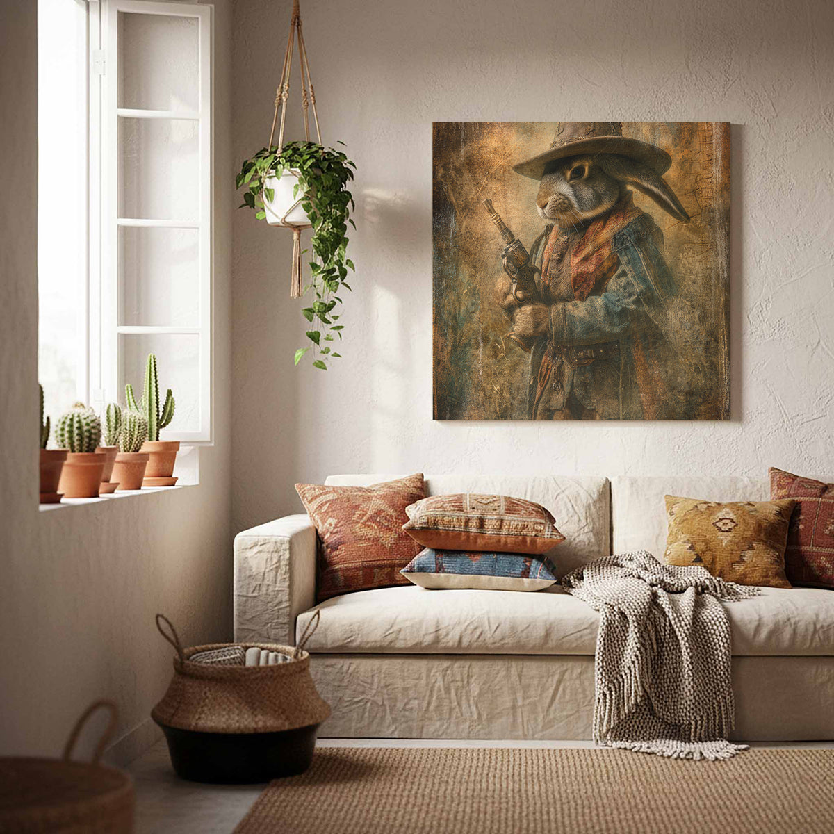 Western Cowboy Rabbit Canvas Wall Art – styled room view 7