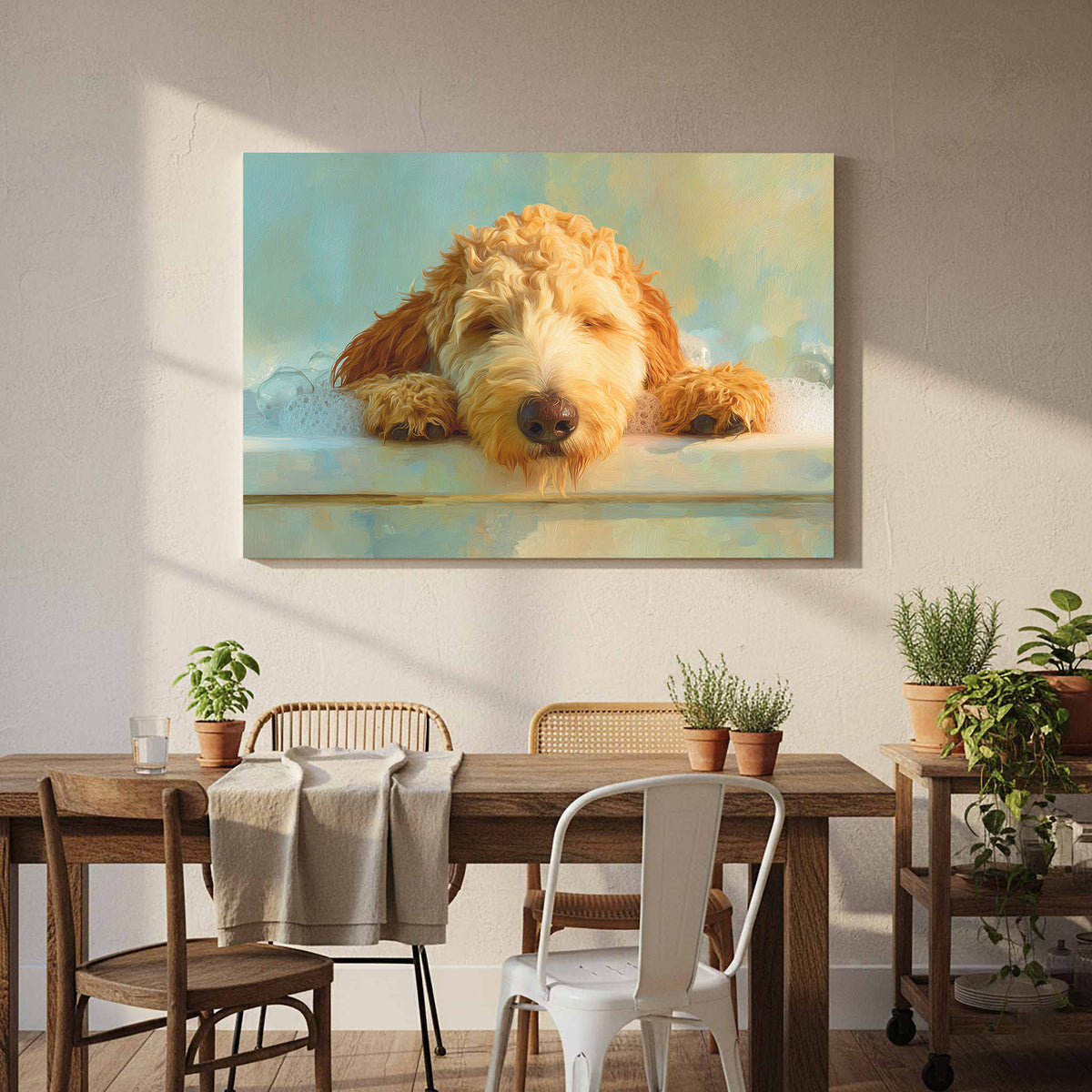 Goldendoodle Bath Time Canvas Print – styled room view 9
