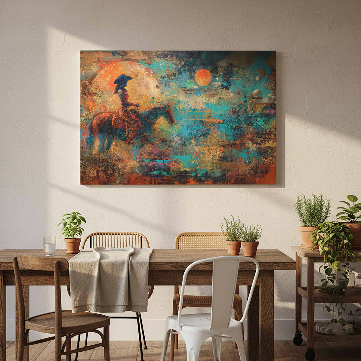 Western Cowgirl Witch Abstract Canvas Art – styled room view 6