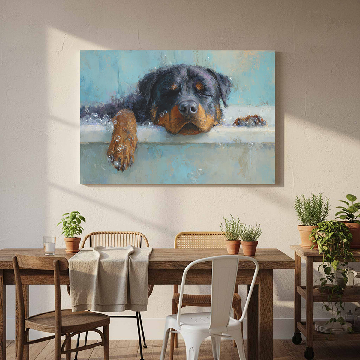 Rottweiler Bath Time Art Print – styled room view 9
