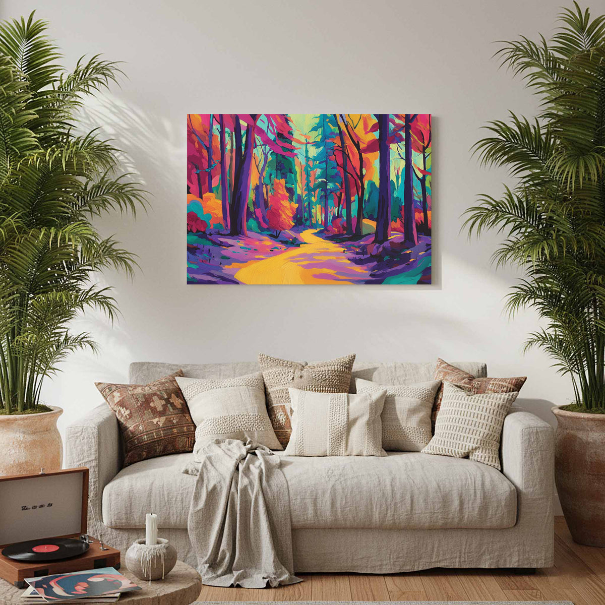 Colorful Forest Path Canvas Art – styled room view 8