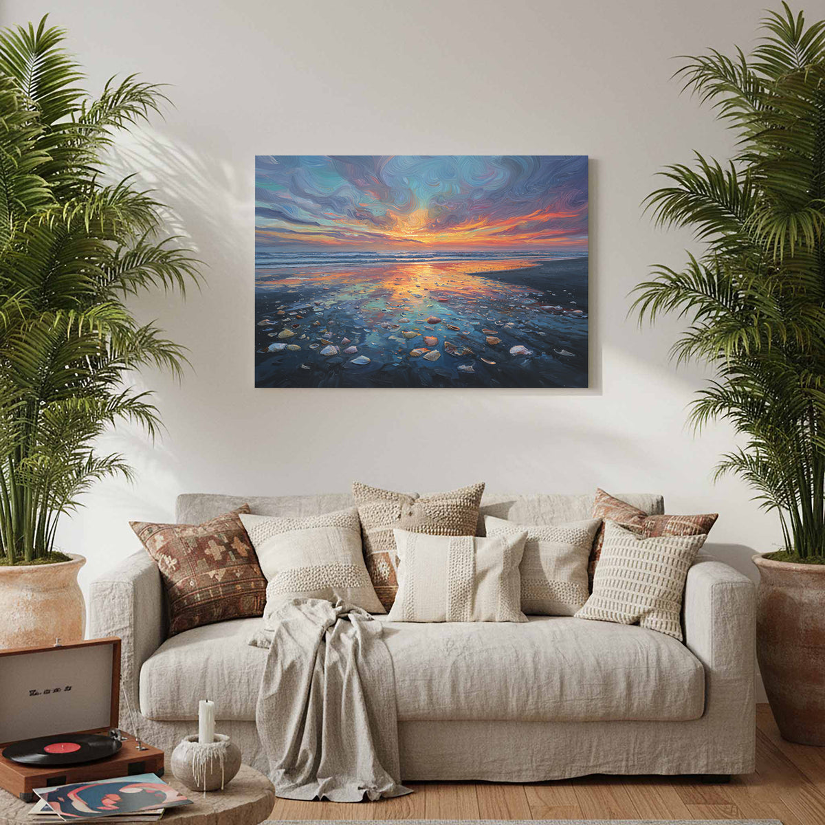 Sunset Beach Oil Painting Canvas Print – styled room view 7