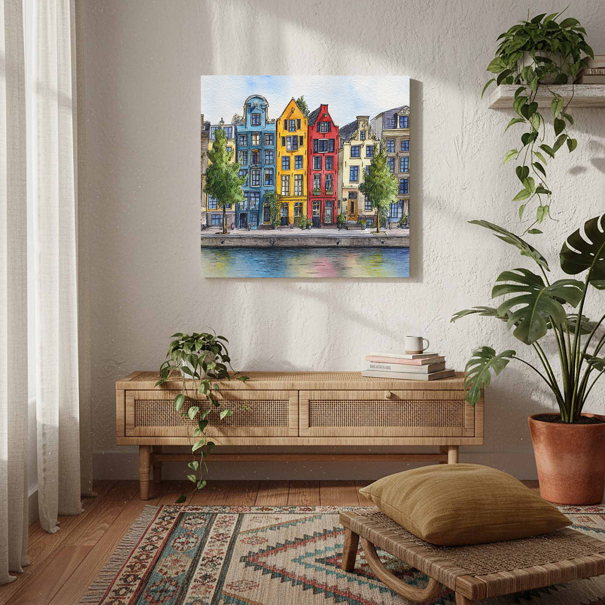 Amsterdam Canal Houses Watercolor Print – styled room view 6