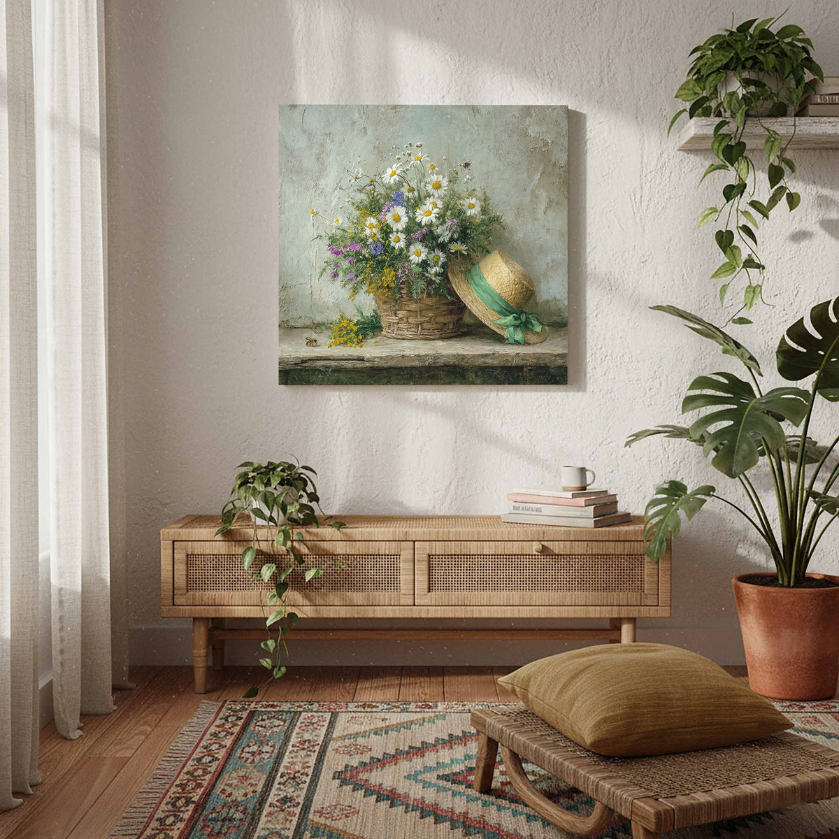 Rustic Wildflower Basket Canvas Art – styled room view 8