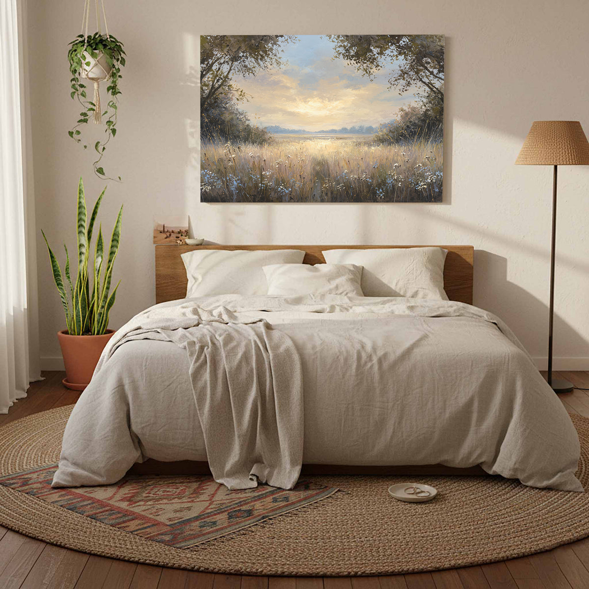 Sunlit Meadow Landscape Canvas Wall Art – styled room view 8