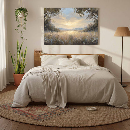 Sunlit Meadow Landscape Canvas Wall Art – styled room view 8
