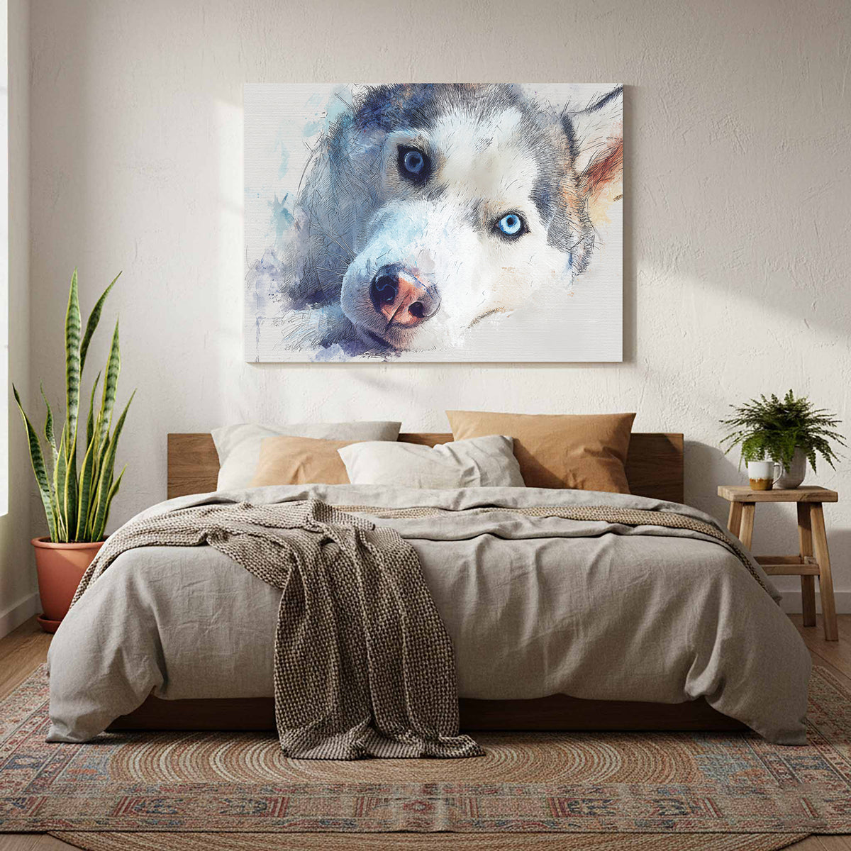 Siberian Husky Watercolor Canvas Print – styled room view 6