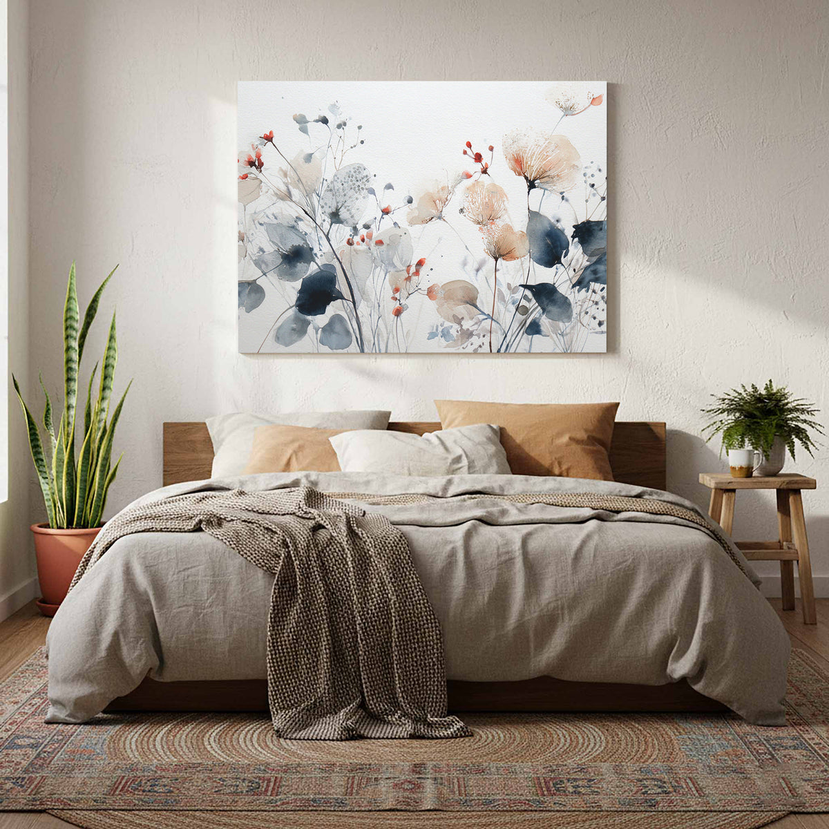 Abstract Watercolor Floral Wall Art – styled room view 7