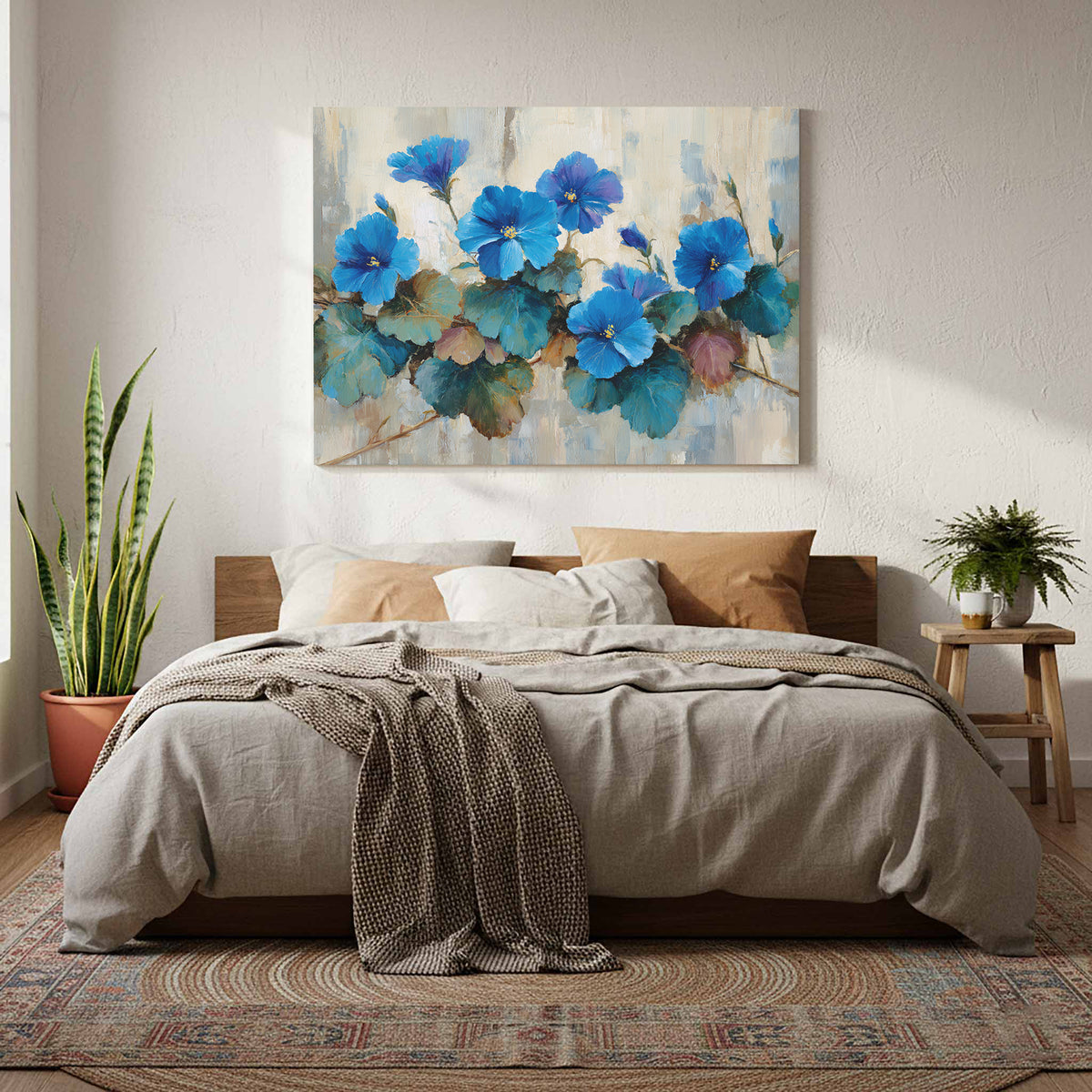 Blue Floral Canvas Wall Art – styled room view 7