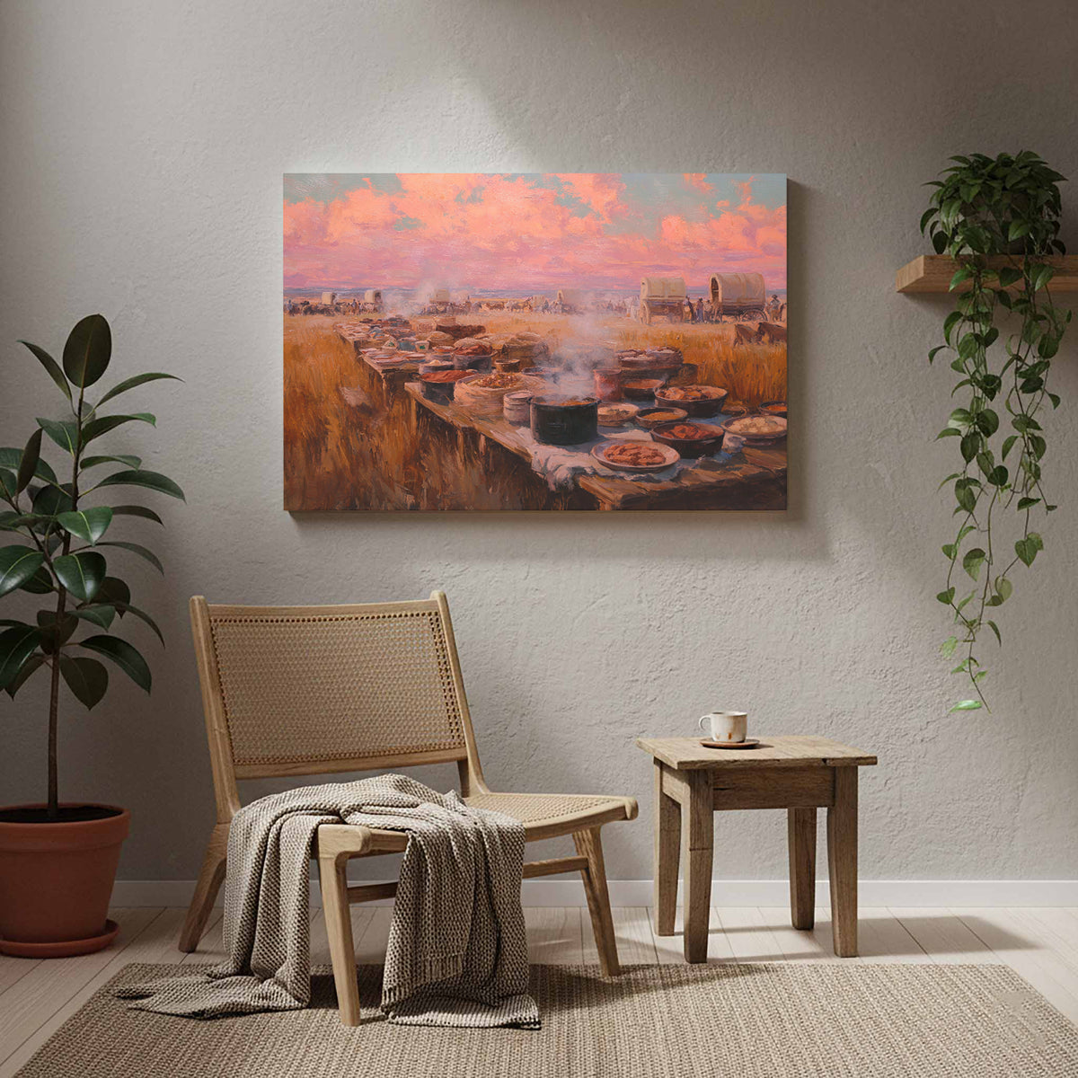 Western Chuckwagon Dinner Canvas Art – styled room view 7