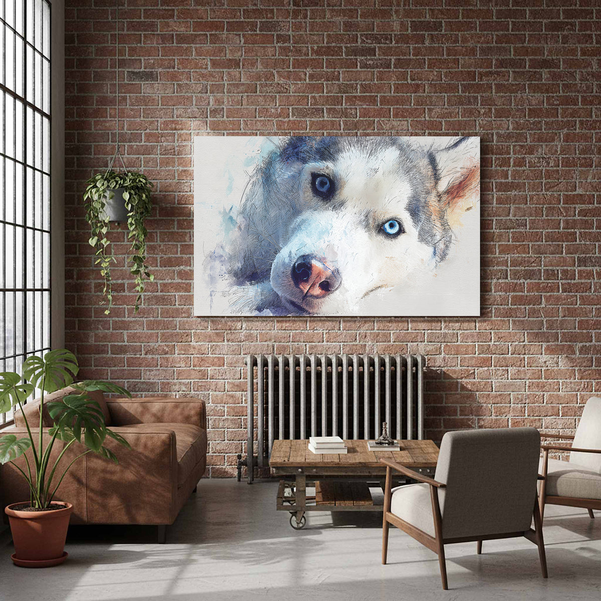 Siberian Husky Watercolor Canvas Print – styled room view 7