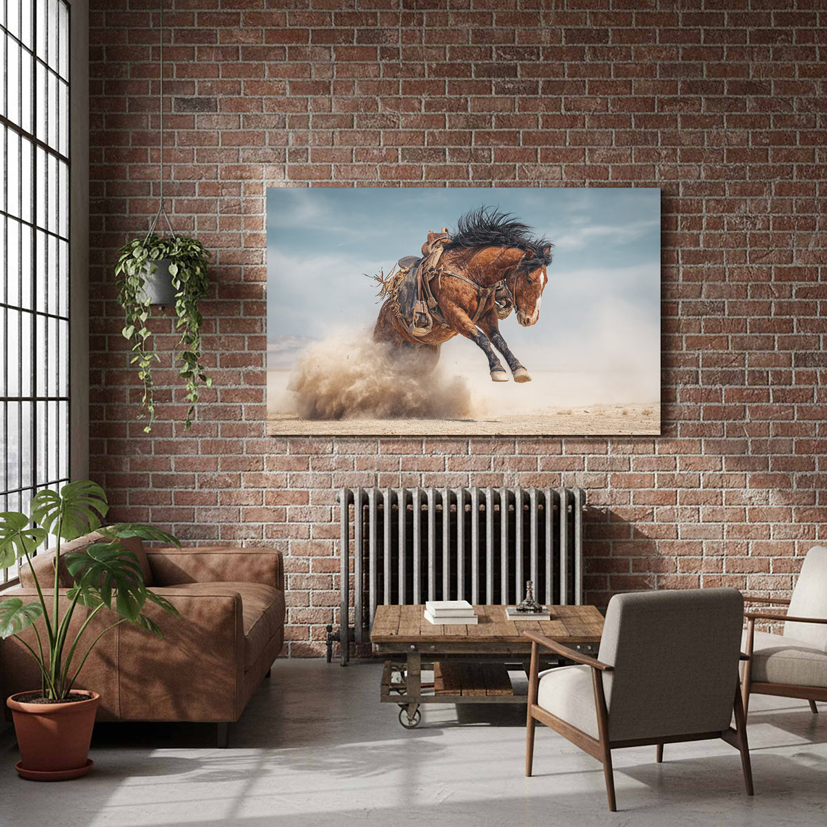 Western Bucking Horse Canvas Art – styled room view 7