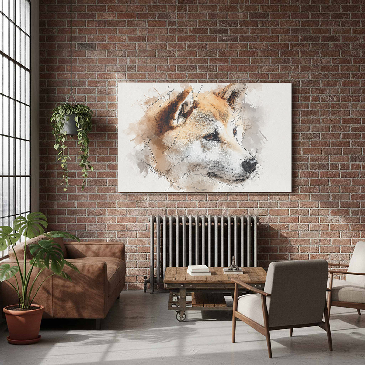 Shiba Inu Watercolor Canvas Print – styled room view 7