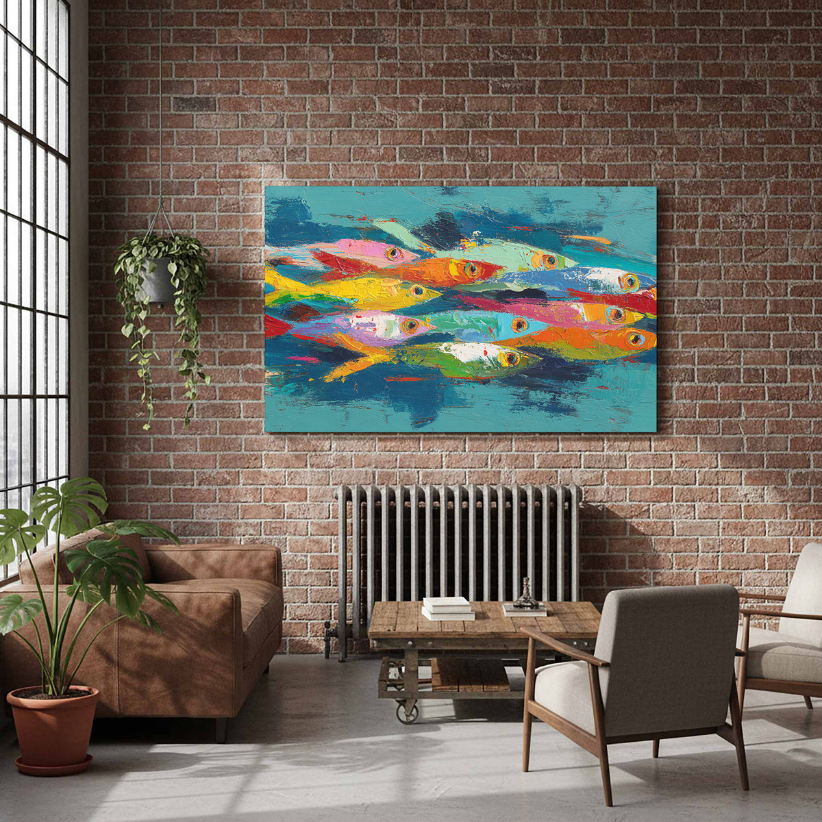 Abstract Fish School Canvas Art – styled room view 7