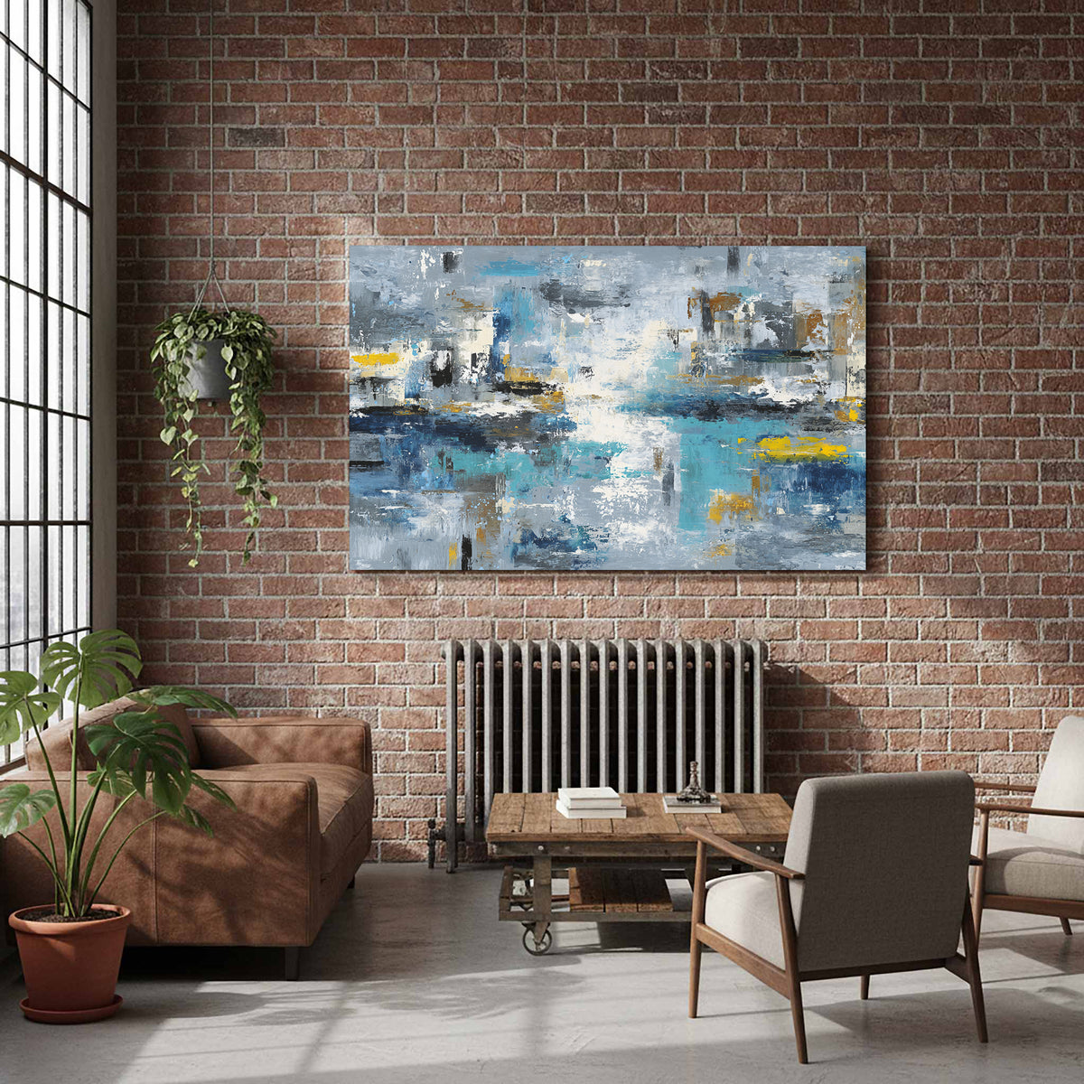 Abstract Blue Gray Canvas Wall Art – styled room view 6