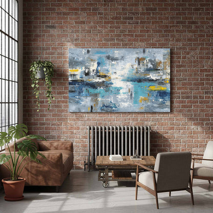 Abstract Blue Gray Canvas Wall Art – styled room view 6