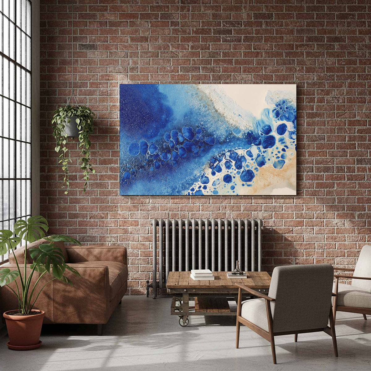 Abstract Blue Canvas Wall Art – styled room view 7