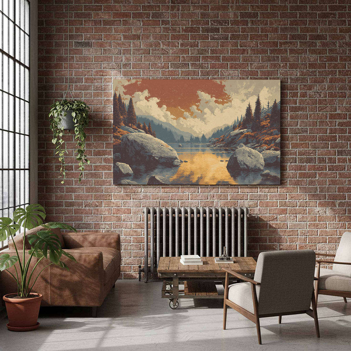 Mountain Lake Sunset Canvas Print – styled room view 8