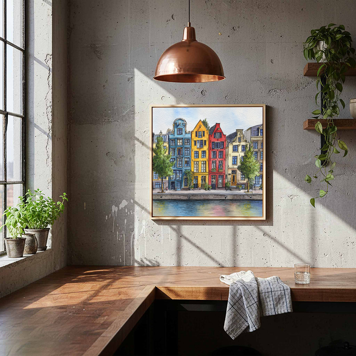 Amsterdam Canal Houses Watercolor Print – styled room view 7