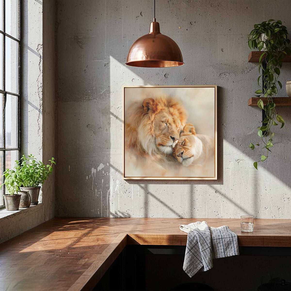 Lion Couple Canvas Art – styled room view 8