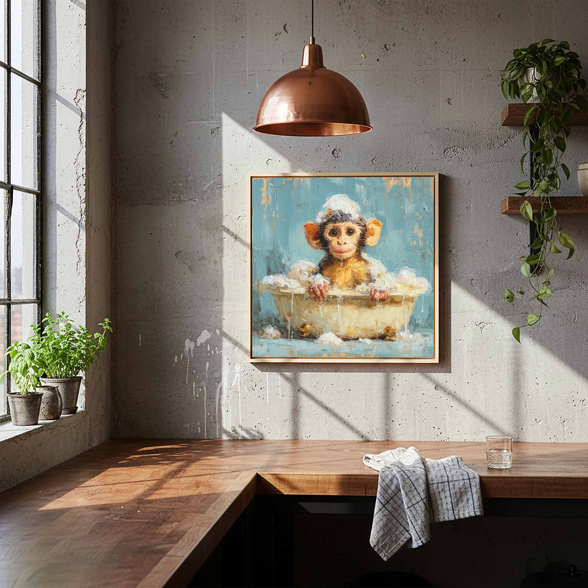Young Monkey Bathtub Print – styled room view 7