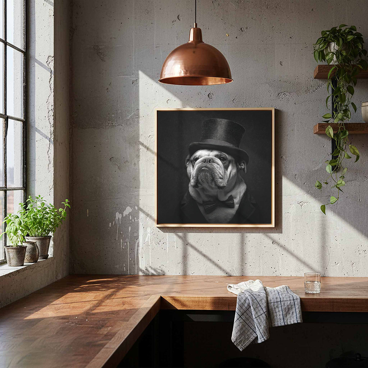 Bulldog Top Hat Canvas Print – styled room view 7