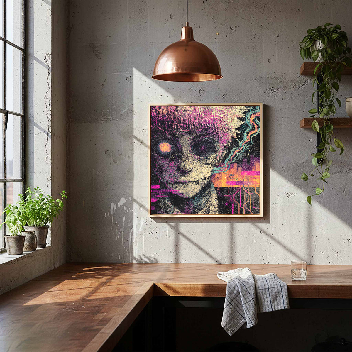 Surreal Cyberpunk Face Canvas Wall Art – styled room view 6