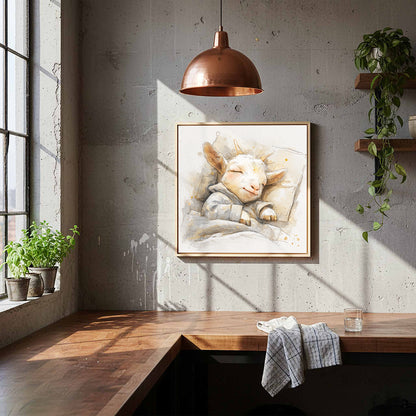 Sleeping Baby Goat Canvas Art – styled room view 7